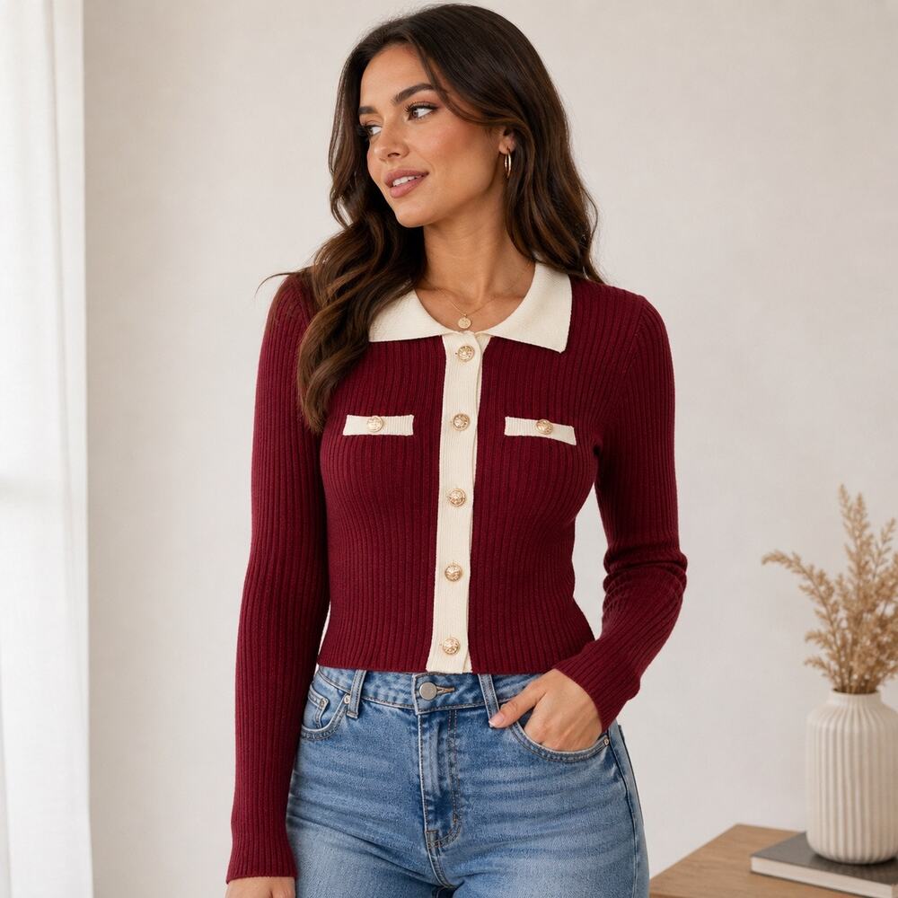 Shein Burgundy Ribbed Button Front Contrast Trim Cardigan Sweater Sz 2